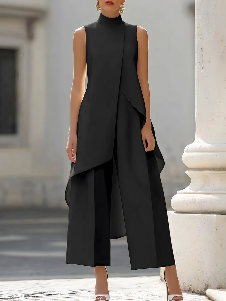 Women's Sleeveless High Neck Layered Wide Leg Jumpsuit