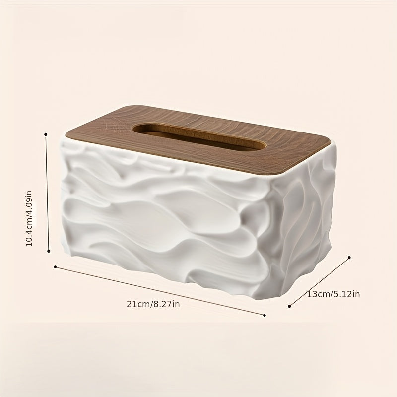 Textured Tissue Box Cover with Wood-Effect Top