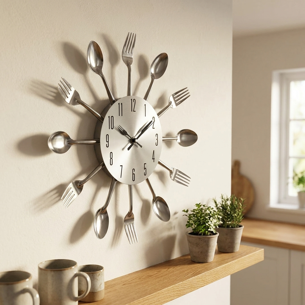 Decorative Wall Clock with Spoon and Fork Accents for Kitchen and Dining Room Décor