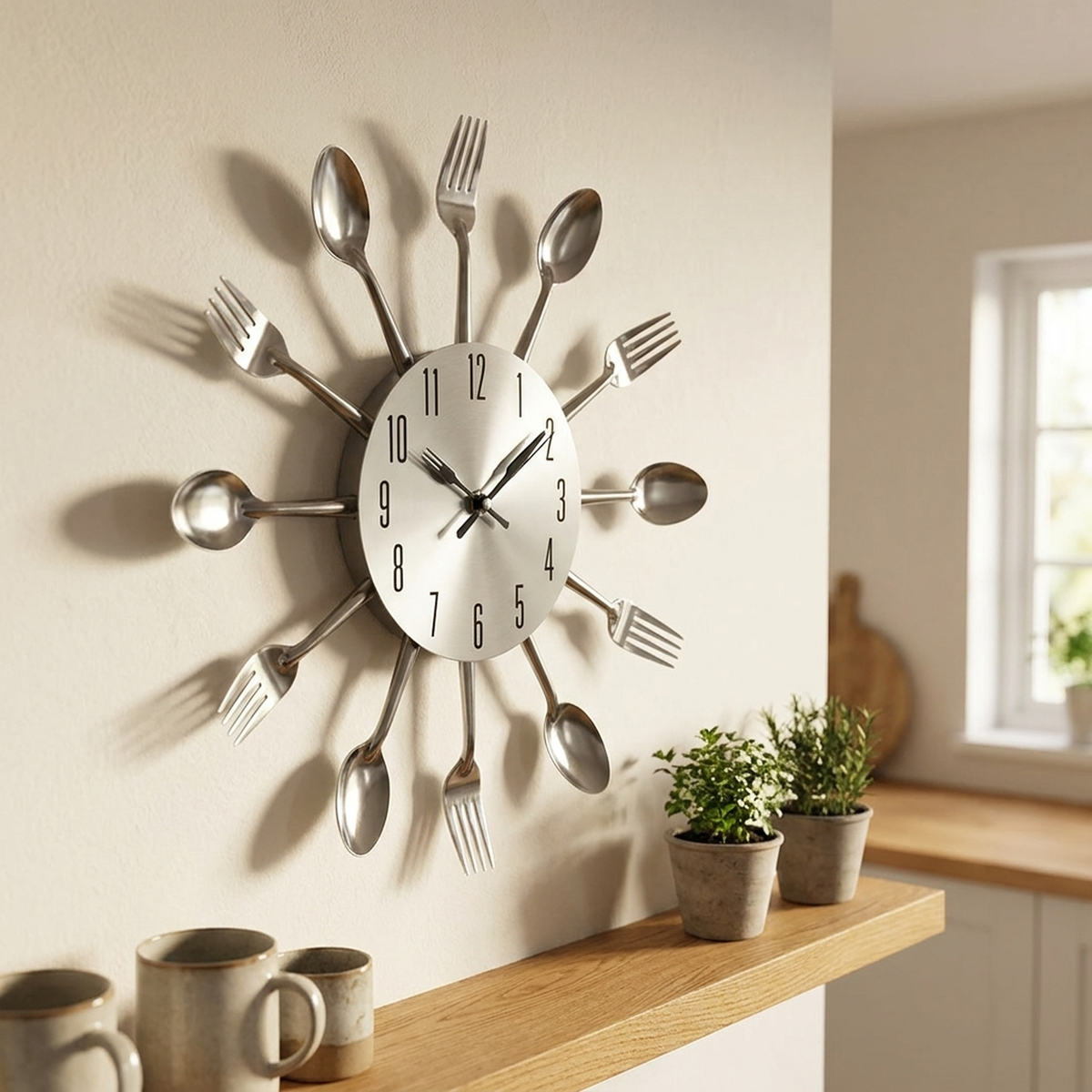 Decorative Wall Clock with Spoon and Fork Accents for Kitchen and Dining Room Décor