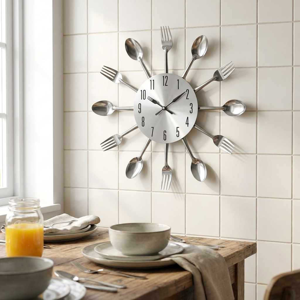 Decorative Wall Clock with Spoon and Fork Accents for Kitchen and Dining Room Décor