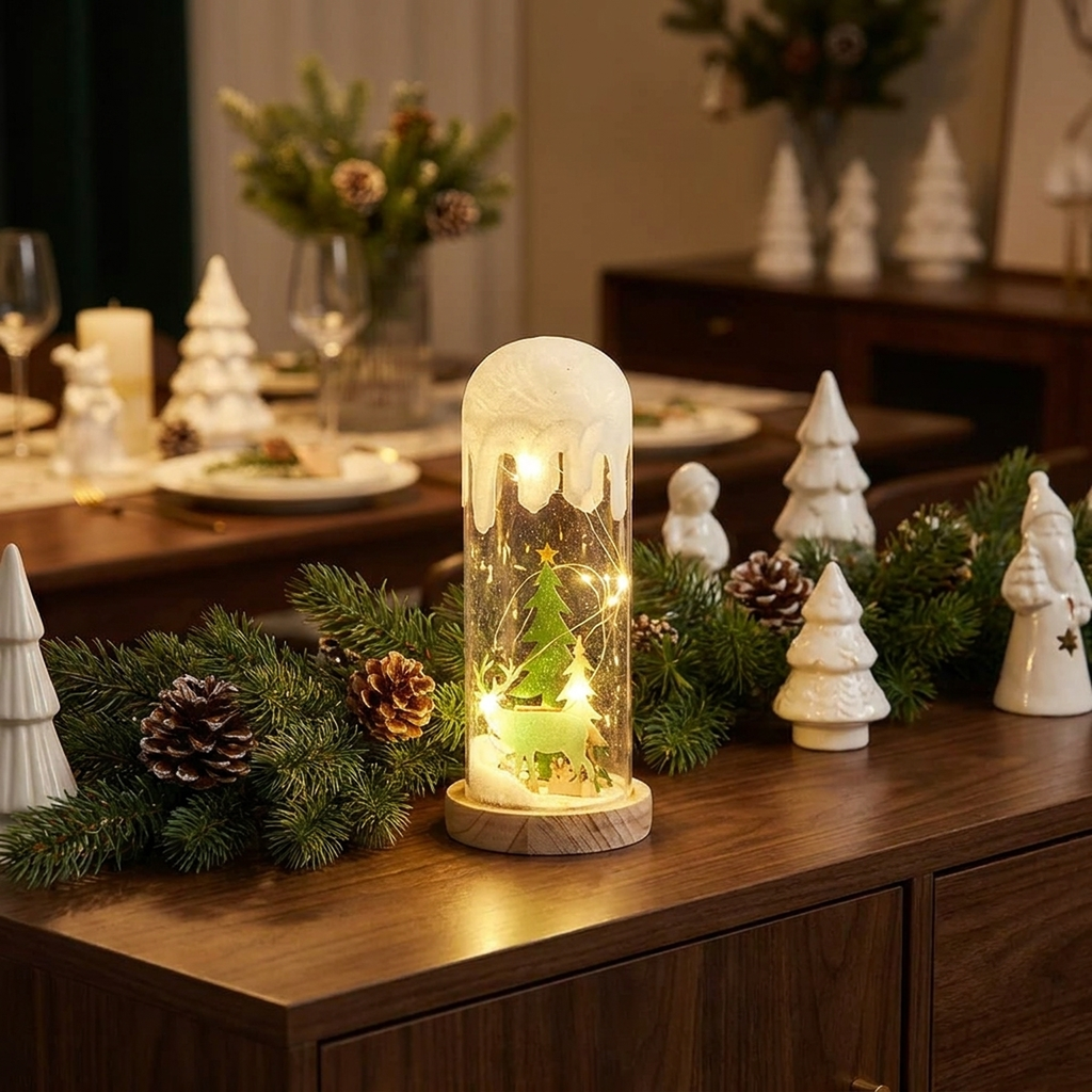 Juldekoration med glaskupol, LED-belysning, festlig gran och renar