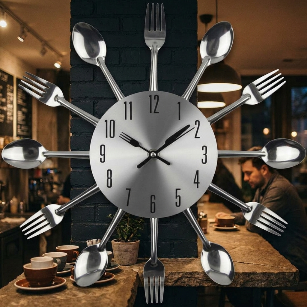 Decorative Wall Clock with Spoon and Fork Accents for Kitchen and Dining Room Décor
