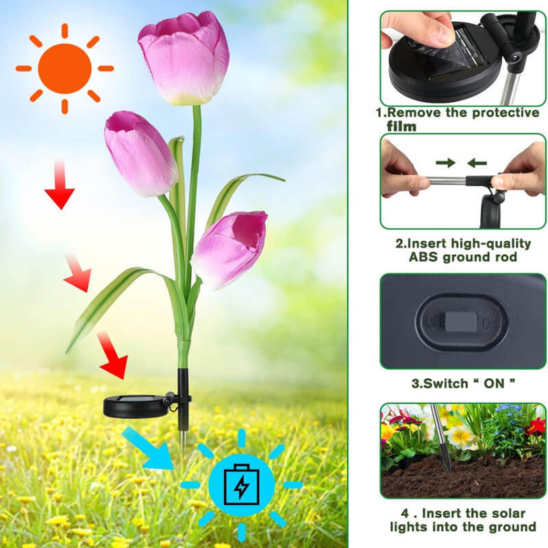 Solcelledrevet tulipanlampe på spyd til haven med farverigt LED-lys
