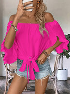 Blouse à épaules dénudées avec nœud sur le devant et manches à volants pour femme