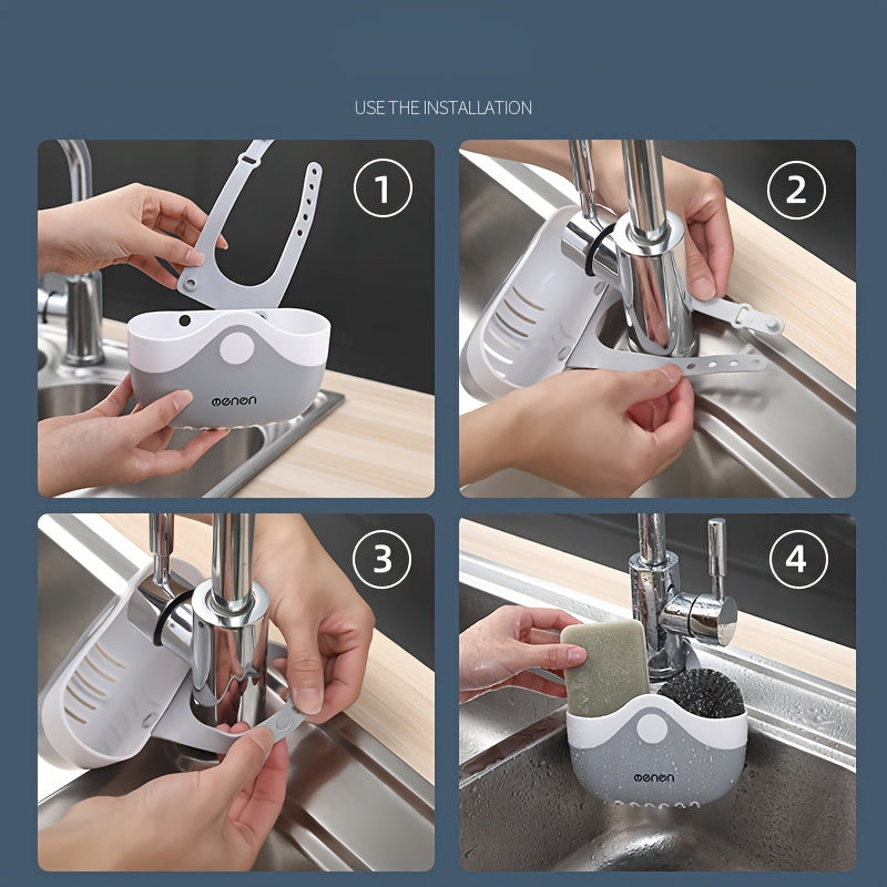 Küchenspülschwammhalter mit Abflusslöchern und Ablage neben dem Wasserhahn