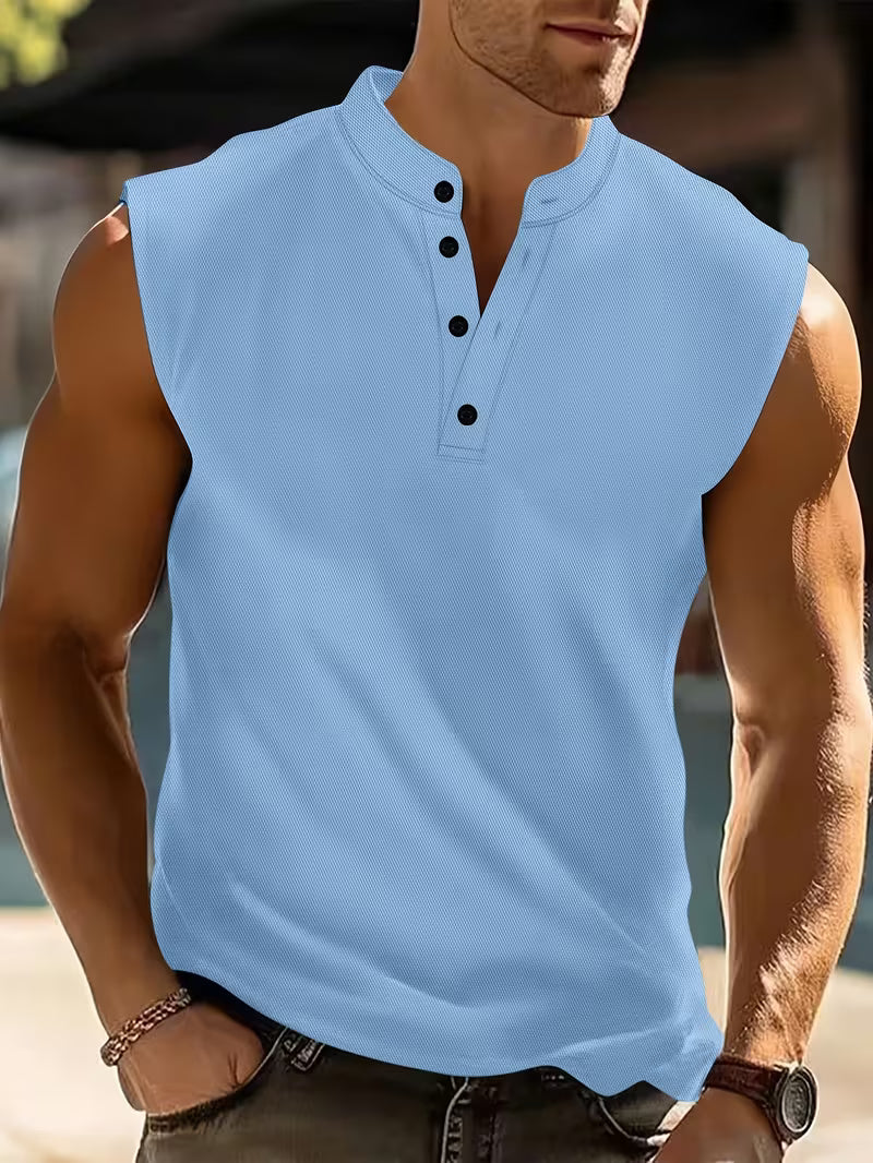 Men's Sleeveless Henley Tank Top with Stand Collar