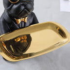 Figura de bulldog francés con bandeja para joyas y plato ovalado en tono dorado para decoración del hogar