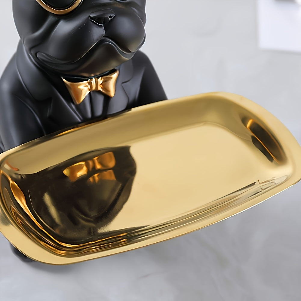 Figura de bulldog francés con bandeja para joyas y plato ovalado en tono dorado para decoración del hogar