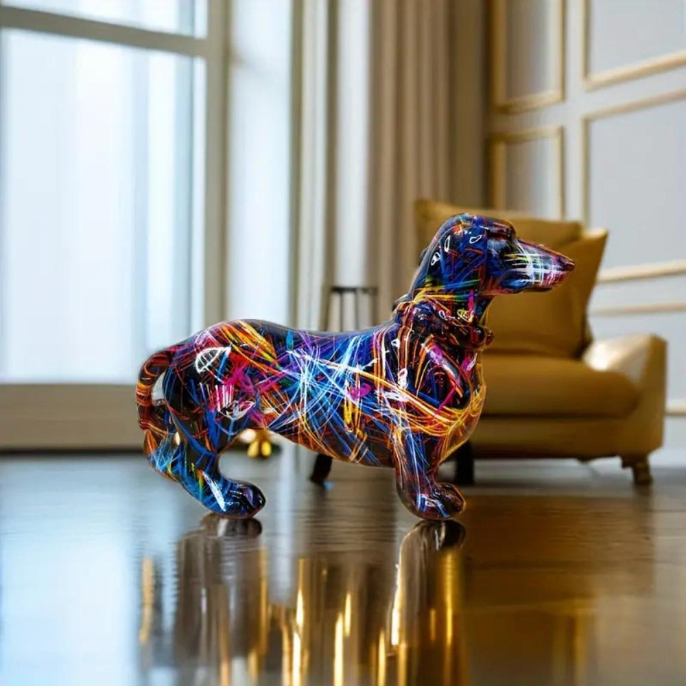 Colourful Dachshund Dog Decorative Figurine with Abstract Multicoloured Pattern
