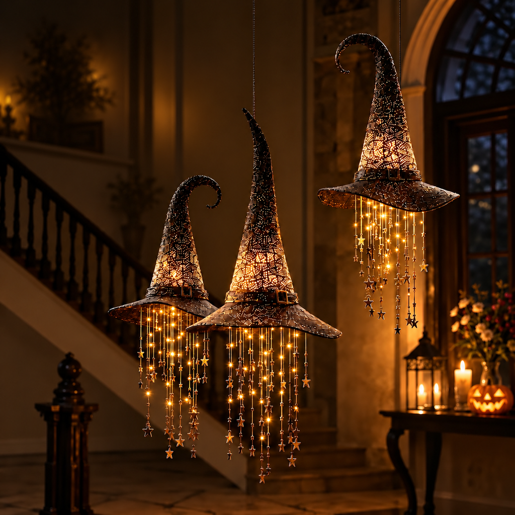 Luci a forma di cappello da strega di Halloween da appendere, con stelle decorative, per decorare la casa durante le feste
