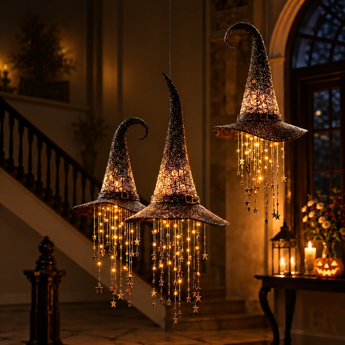 Luci a forma di cappello da strega di Halloween da appendere, con stelle decorative, per decorare la casa durante le feste