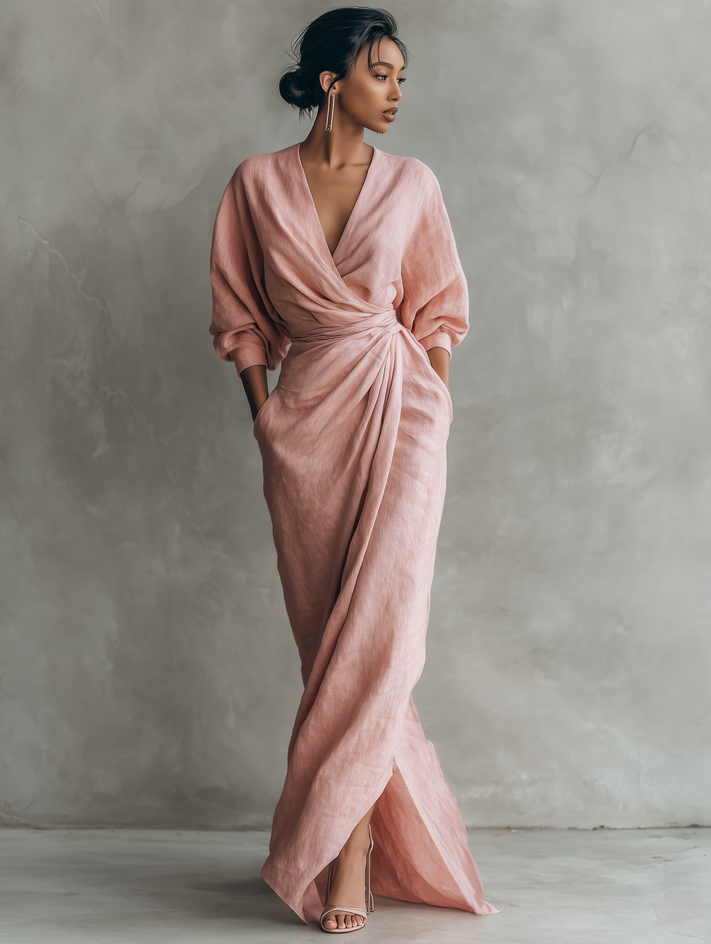 Vestido maxi para mujer con escote en V drapeado, estilo cruzado y detalle de cintura torcida