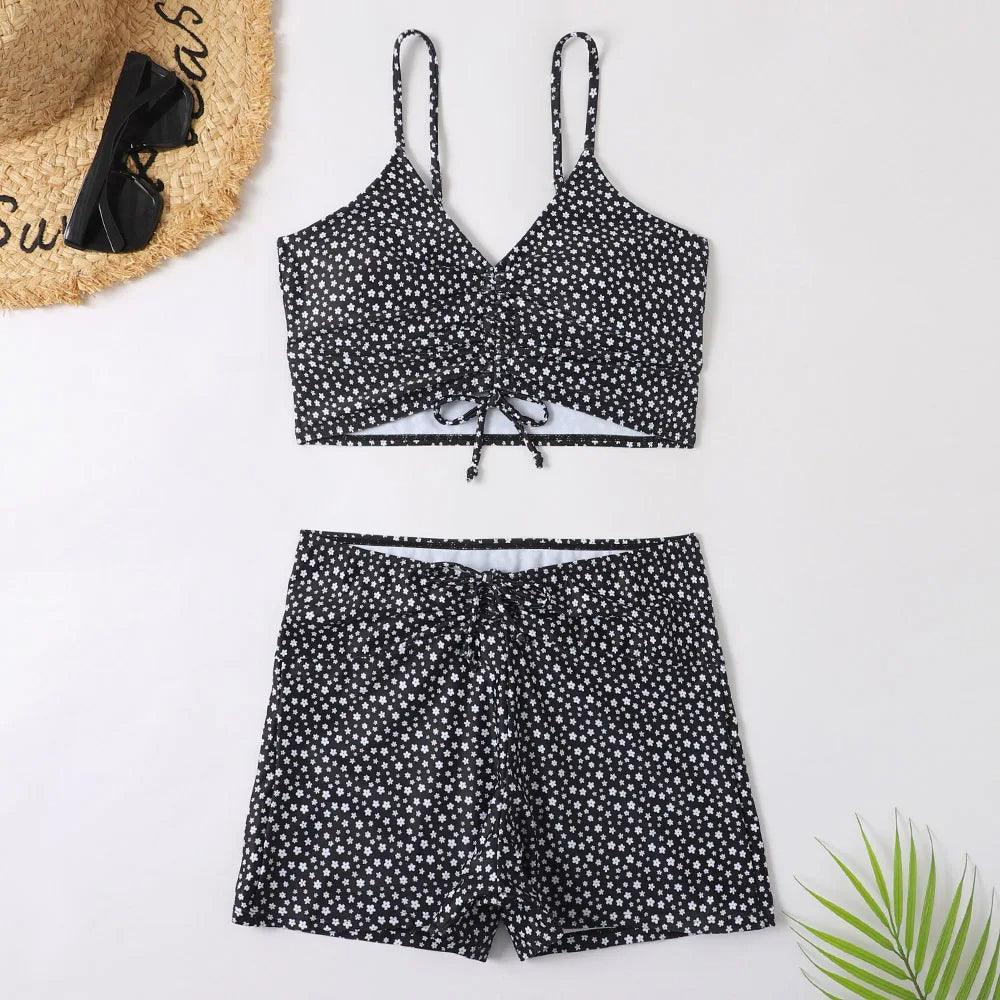 Kvinders blomsterprint tankini sæt med snøre-top og badeshorts