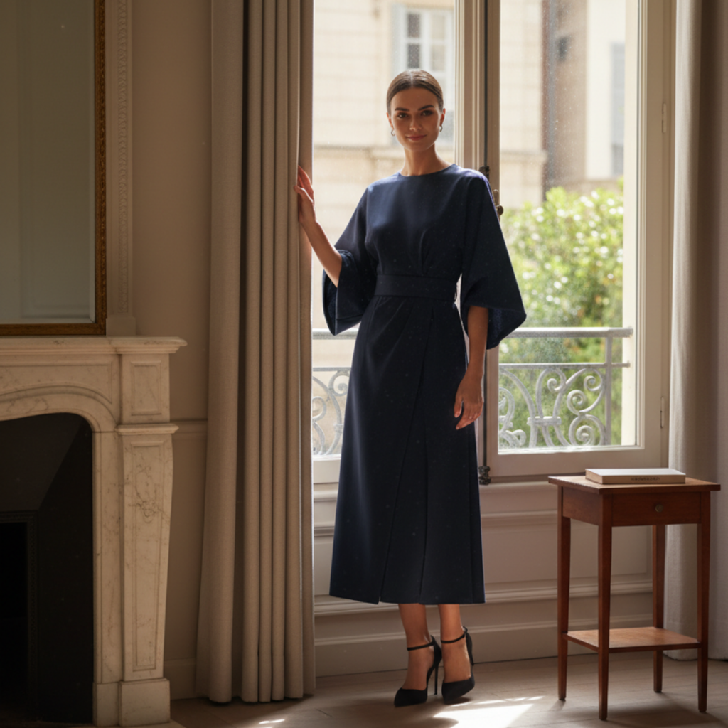 Dame elegant midi-kjole med bådformet hals, vide ærmer, indsnævret talje og udvidet A-formet nederdel