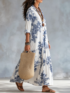 Damska boho sukienka maxi z kwiatowym wzorem, zapinana na guziki, z falbanami