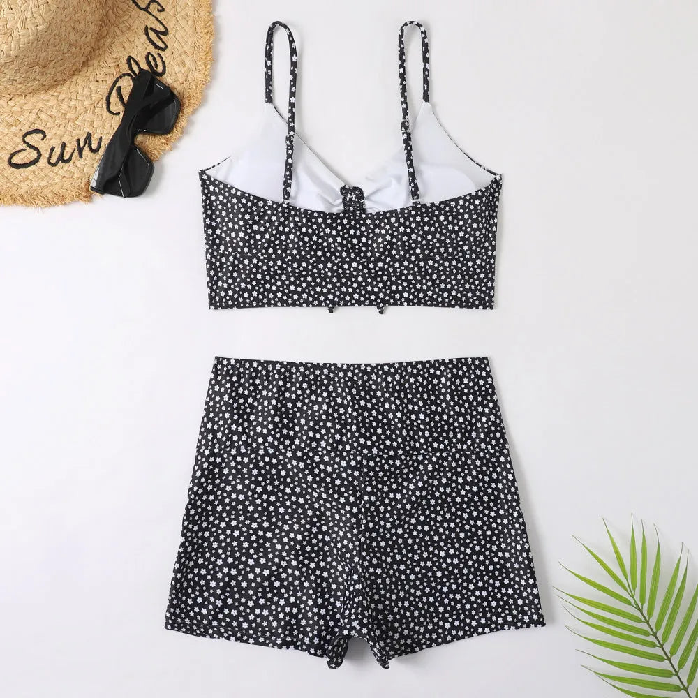 Kvinders blomsterprint tankini sæt med snøre-top og badeshorts
