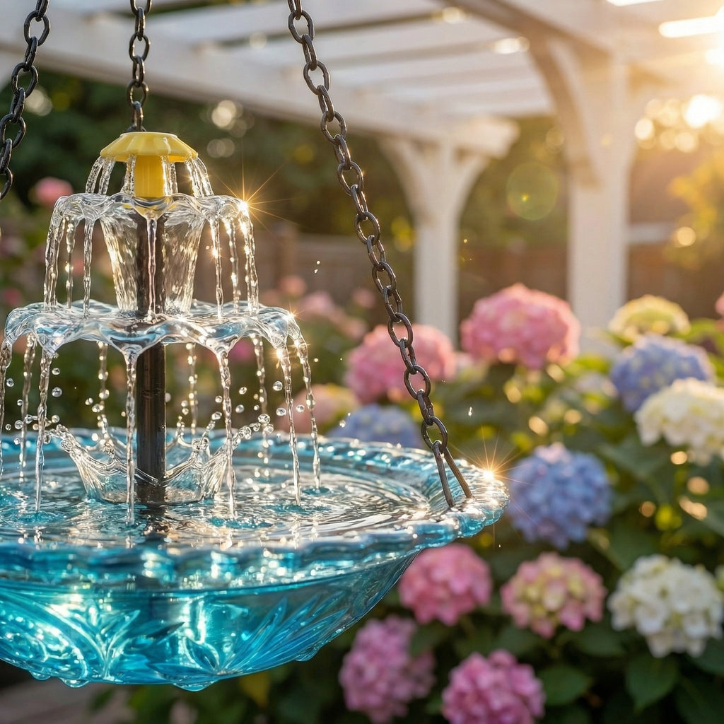 Hängande solcellsdrivet fågelbad i glas med vattenfall i två nivåer