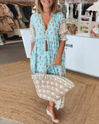 Robe maxi imprimé bohème pour femmes avec col à nouer à pompons