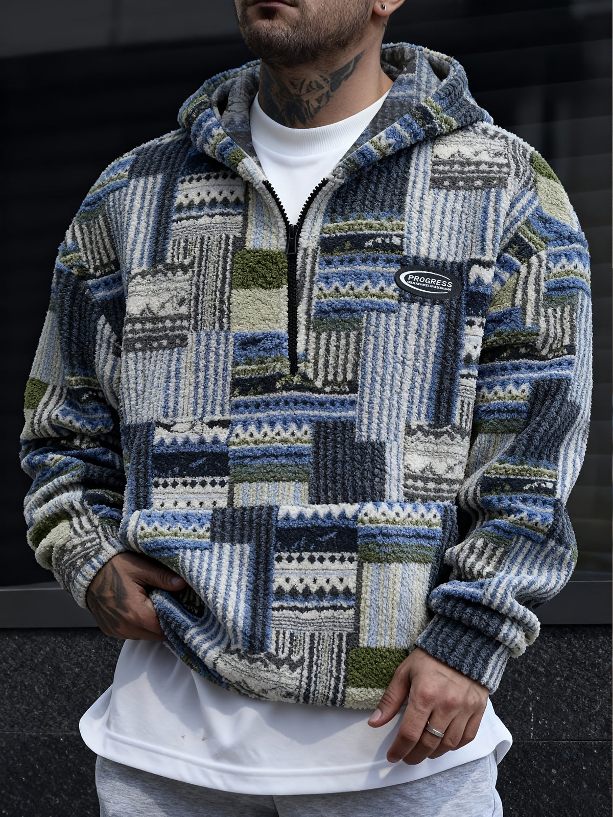 Men’s Geometric Pattern Hooded Pullover with Half Zip