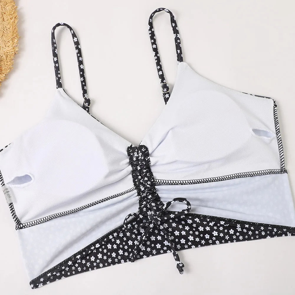 Kvinders blomsterprint tankini sæt med snøre-top og badeshorts