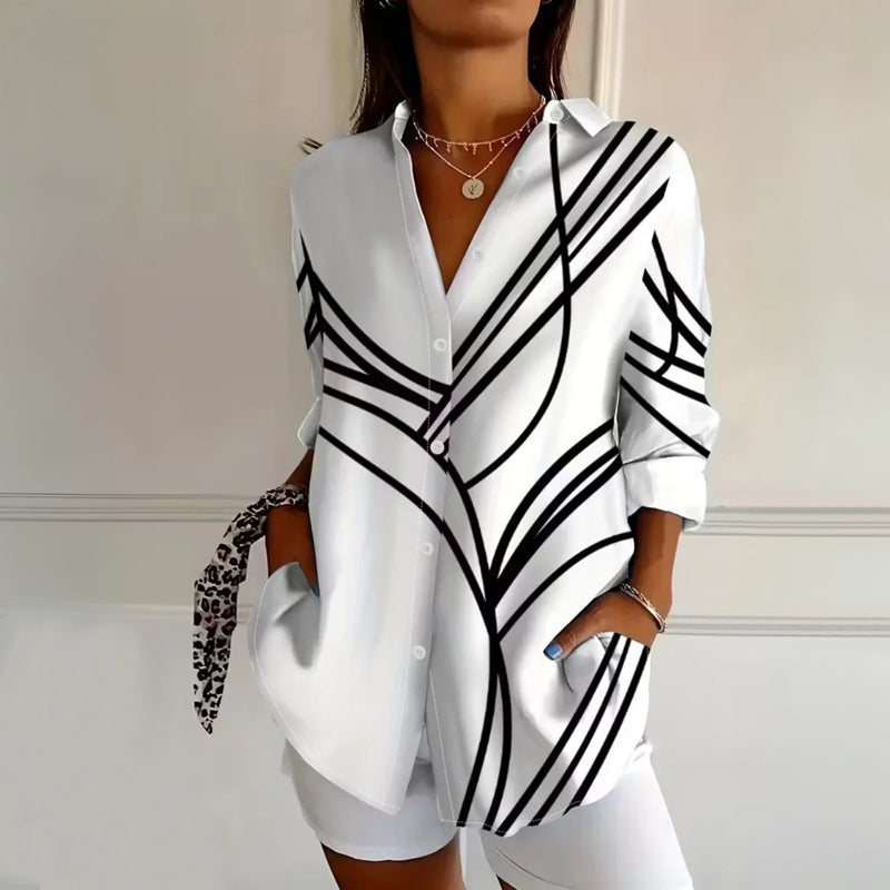 Women's Geometric Button-Front Blouse with Long Sleeves for Everyday Style