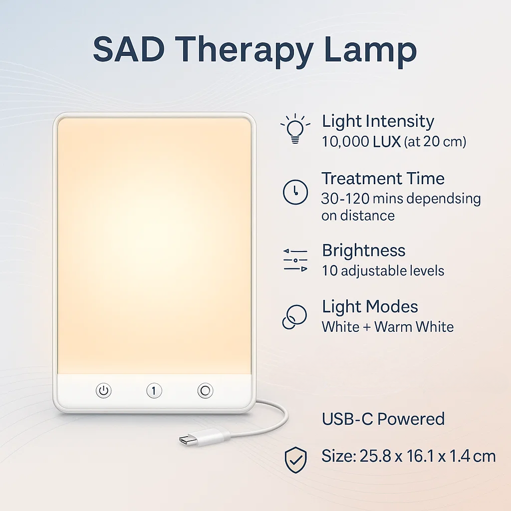 Lysterapi-lampe mod vinterdepression med 10.000 lux, justerbar lysstyrke og timer