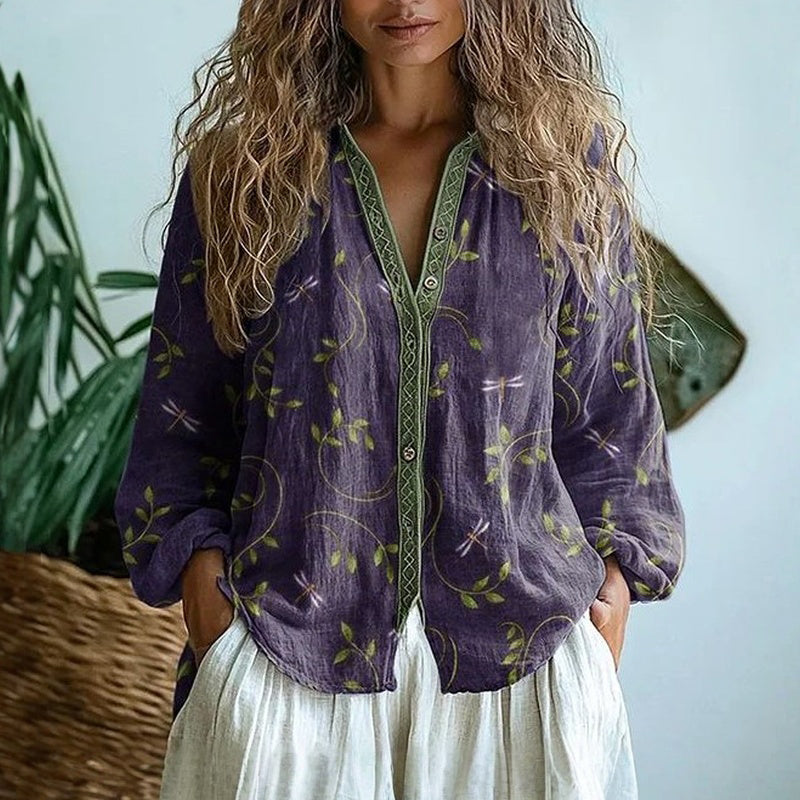 Damen Bluse mit botanischem Print und dekorativem Kontrastbesatz