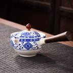 Juego de té Gongfu de porcelana con asa lateral de madera y tapa ajustada