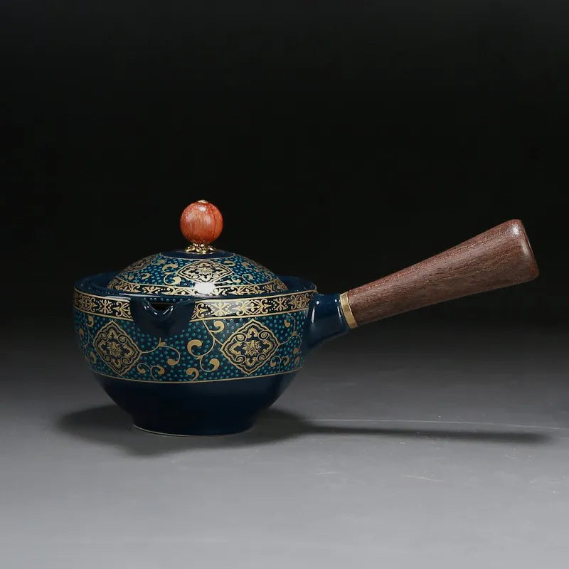 Juego de té Gongfu de porcelana con asa lateral de madera y tapa ajustada