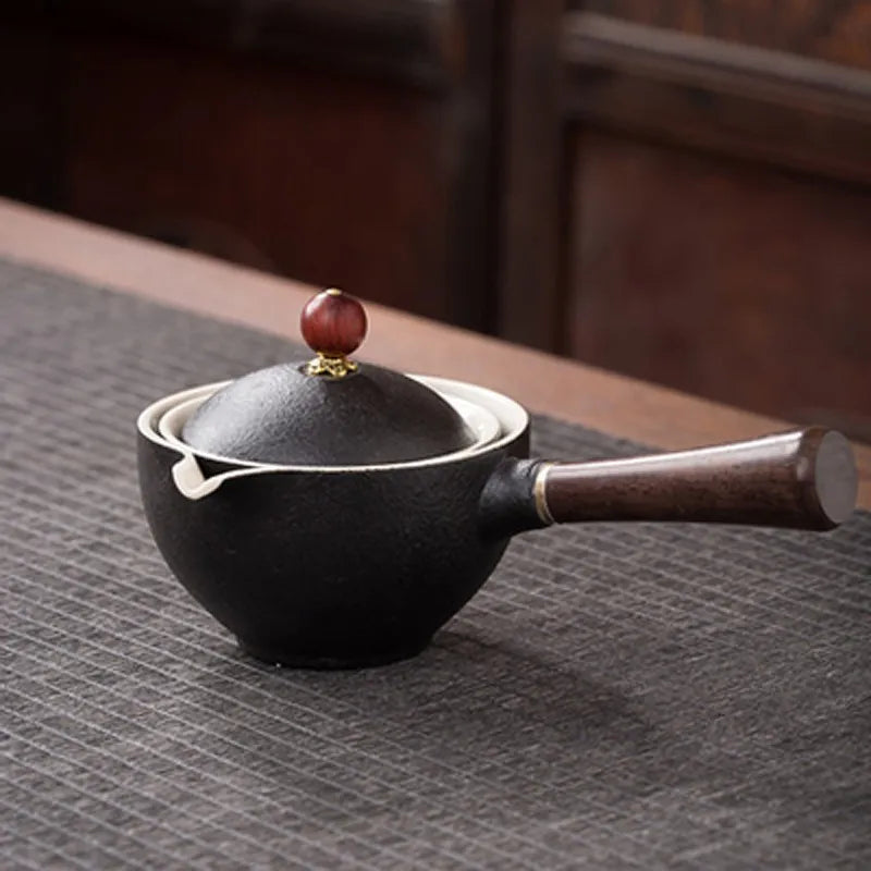 Juego de té Gongfu de porcelana con asa lateral de madera y tapa ajustada