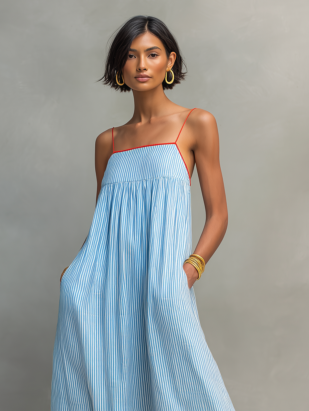 Robe longue rayée pour femme à fines bretelles spaghetti