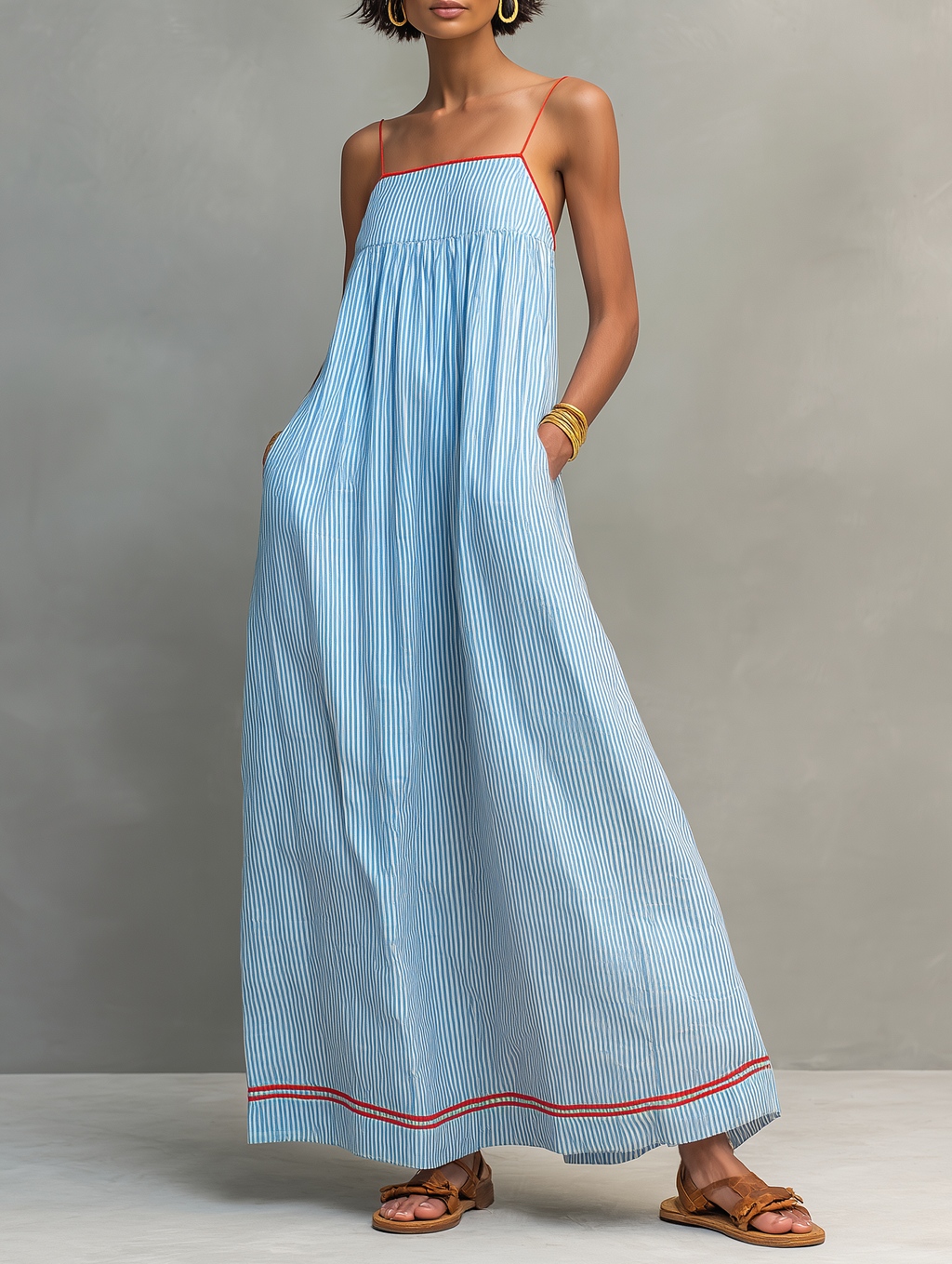 Robe longue rayée pour femme à fines bretelles spaghetti