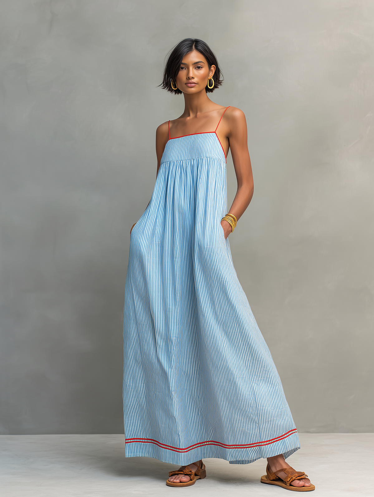 Robe longue rayée pour femme à fines bretelles spaghetti