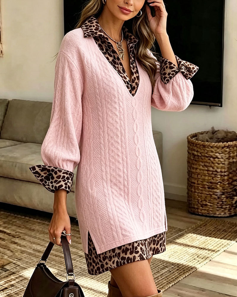 Women’s Leopard Trim Cable Knit Mini Dress