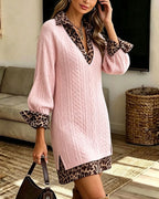 Women’s Leopard Trim Cable Knit Mini Dress