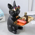 Figura de bulldog francés con bandeja para joyas y plato ovalado en tono dorado para decoración del hogar