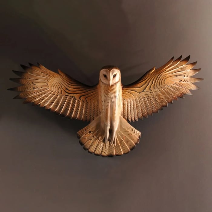 Decorative Flying Owl Wall Sculpture with Detailed Wings and Rustic Nature-Inspired Design