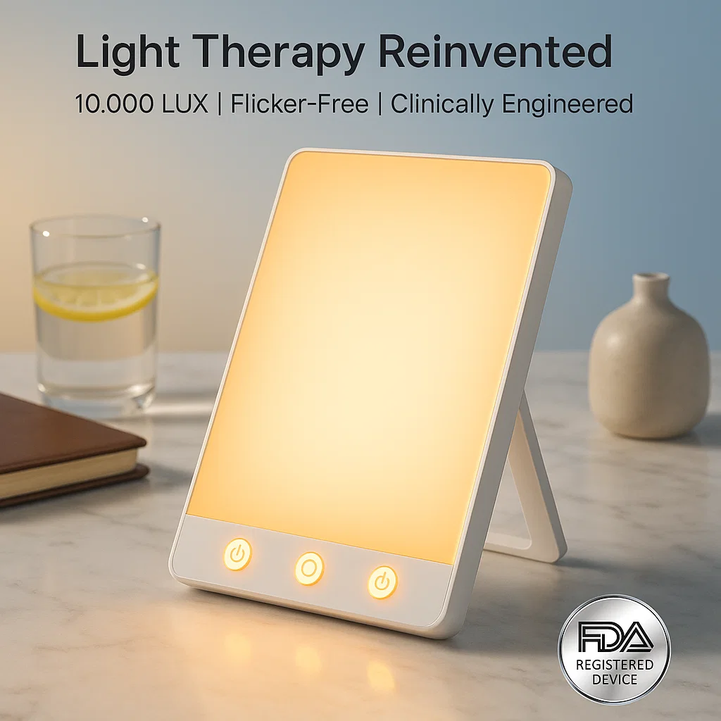 Lysterapi-lampe mod vinterdepression med 10.000 lux, justerbar lysstyrke og timer