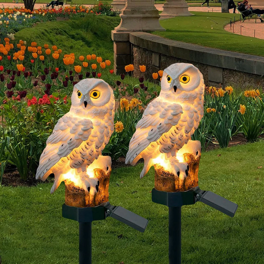 Luz solar de jardín con forma de búho y LED blanco cálido