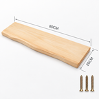 Mensola sospesa da parete in legno di acacia con bordo naturale e supporti industriali