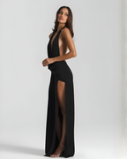 Robe maxi dos nu pour femmes avec fente latérale drapée  