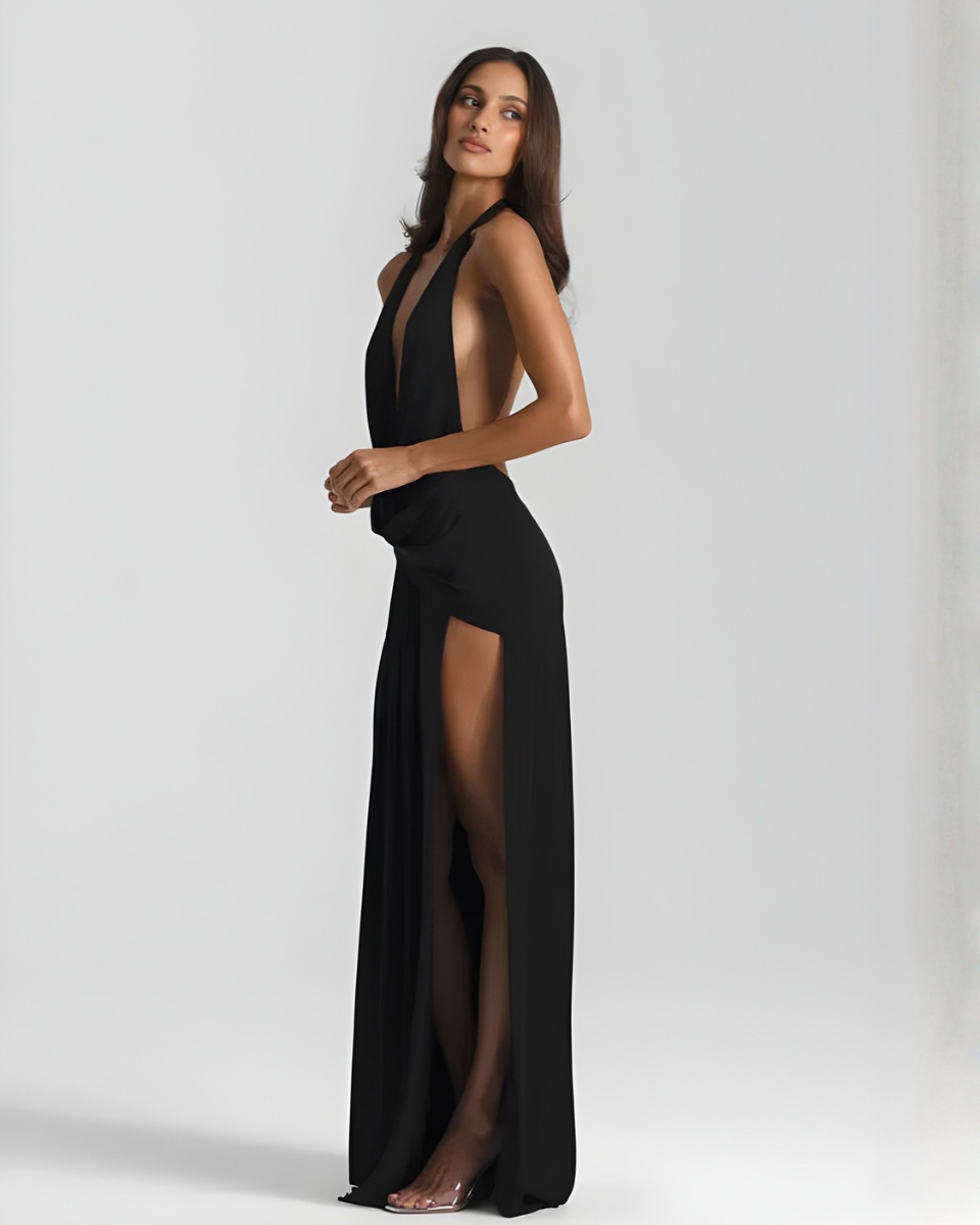 Robe maxi dos nu pour femmes avec fente latérale drapée  