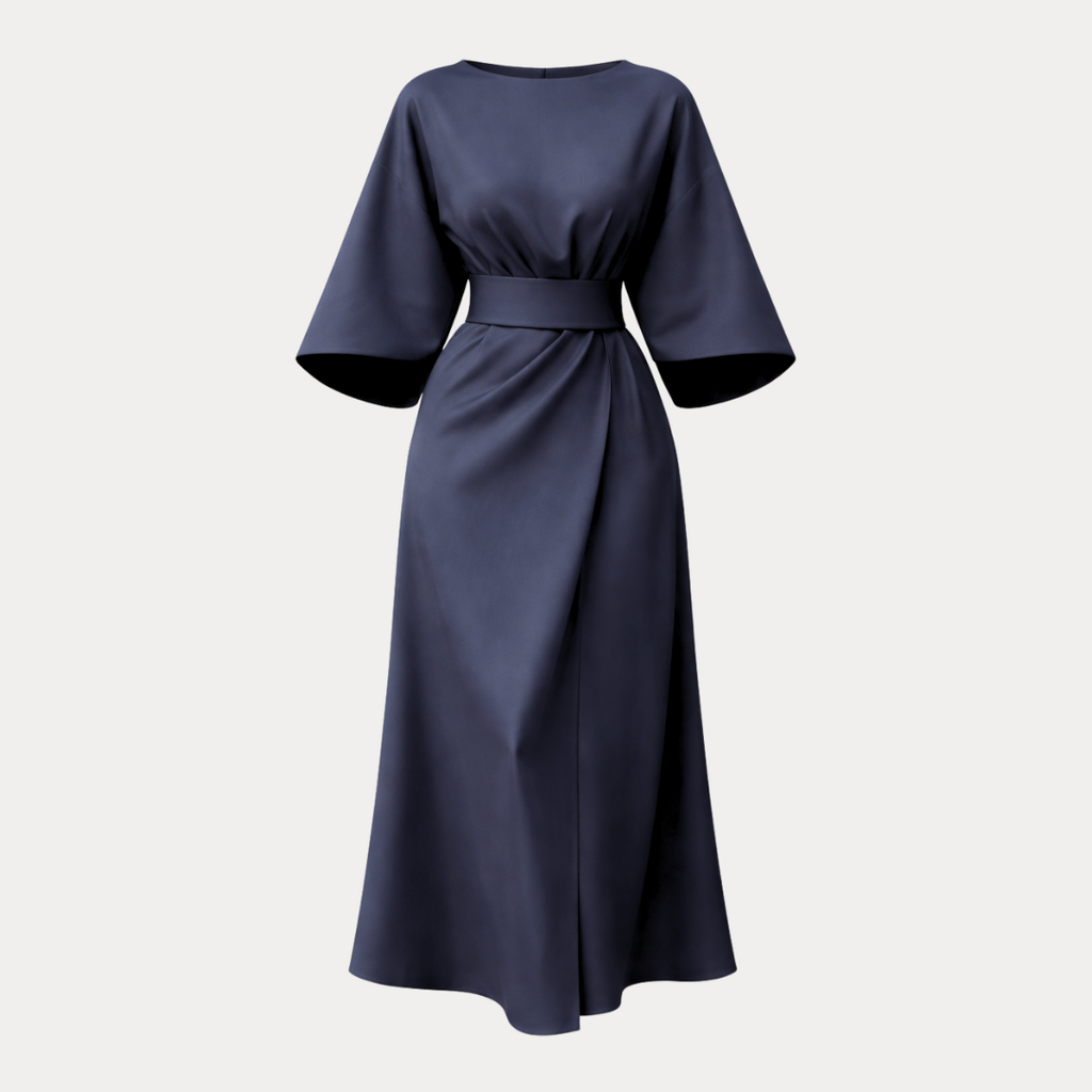 Dame elegant midi-kjole med bådformet hals, vide ærmer, indsnævret talje og udvidet A-formet nederdel
