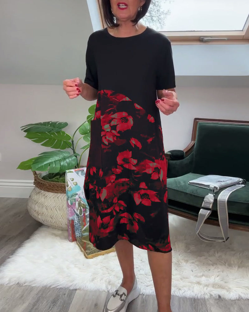 Mellanklänning för kvinnor med blommigt panelmönster