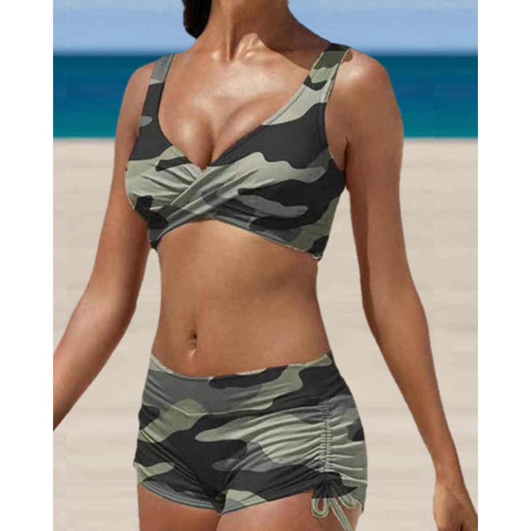 Women's Two-Piece Swim Set with Tie-Dye Print and Ruched Shorts