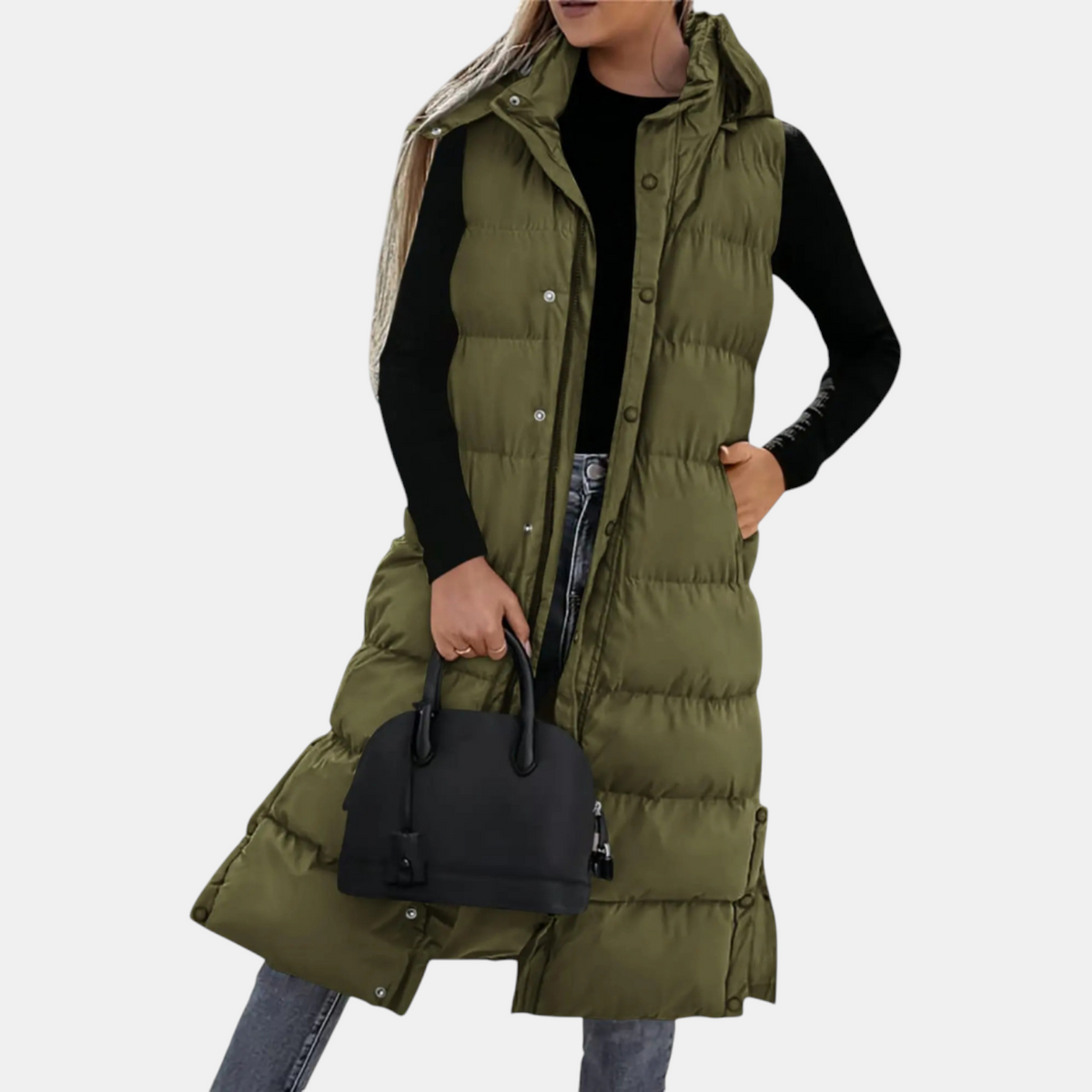Women's Long Hooded Puffer Vest with Side Snap Buttons