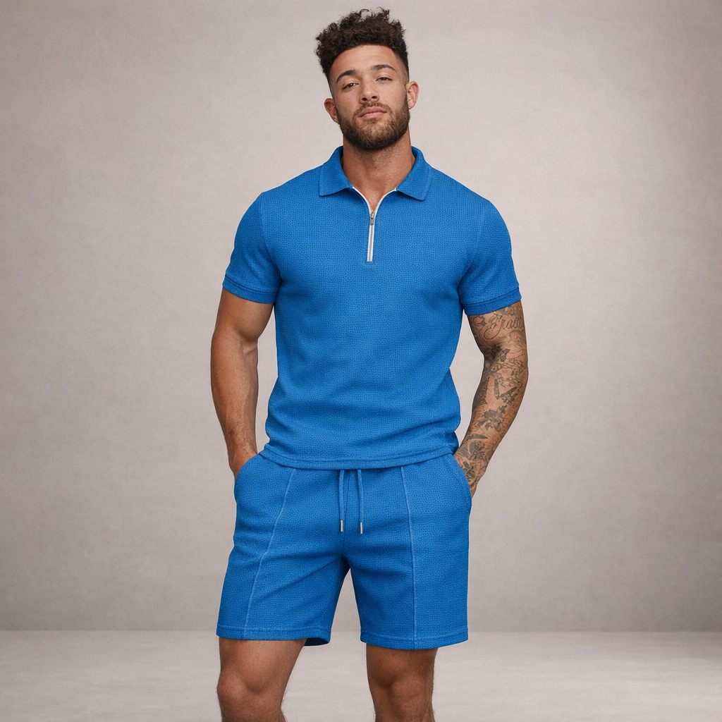 Herren-Set aus strukturiertem Polo und Shorts mit Halb-Reißverschluss-Design