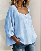 Blouse en coton et lin pour femme à col carré et manches trois-quarts