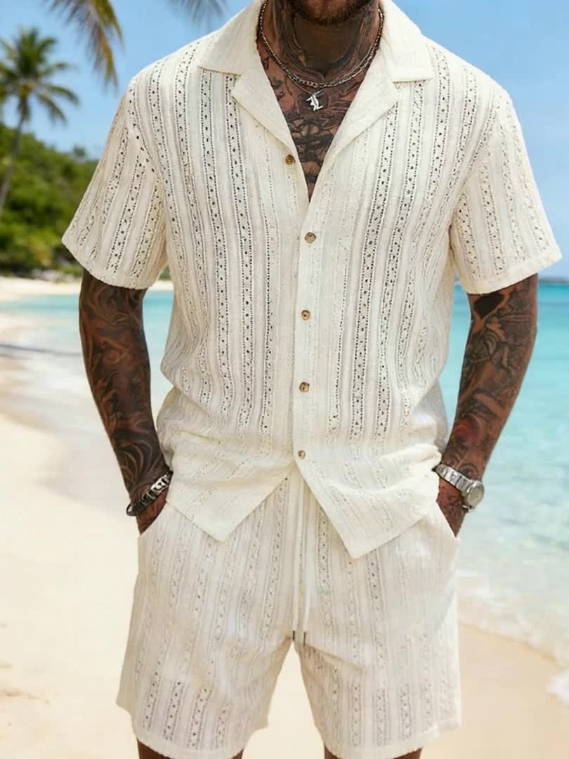 Camisa de resort abierta de punto con textura y botones para hombre